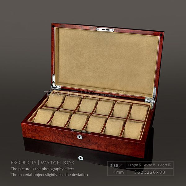 

12 slots solid wood watch boxes case new light red color watches organizer with lock watch display holder, Black;blue