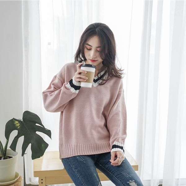 

korean ulzzang autumn winter sweet sweaters women preppy style v neck striped hit color loose pullovers female chic all fit, White;black