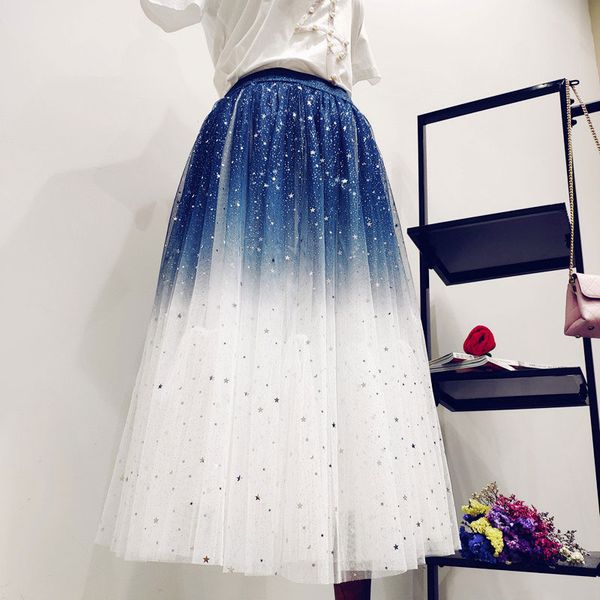 

2020 gradient color summer tulle skirt women high waist pleated long skirt female a-line white pink tutu, Black