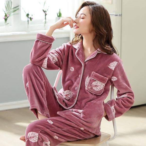 

warm winter pajamas set women sleepwear warm flannel long sleeves pajamas print elegantl homewear thick home suit xxl xxxl, Black;red