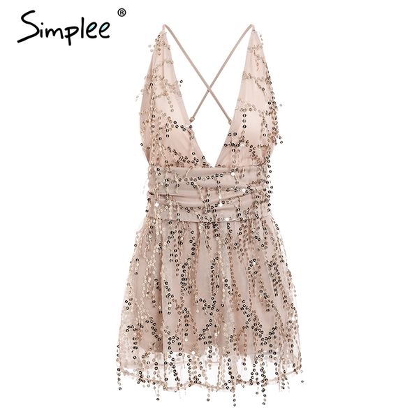 

simplee deep v-neck sequined mesh women playsuit elegant backless lining ladies short jumpsuit high wasit tassel overalls, Black;white