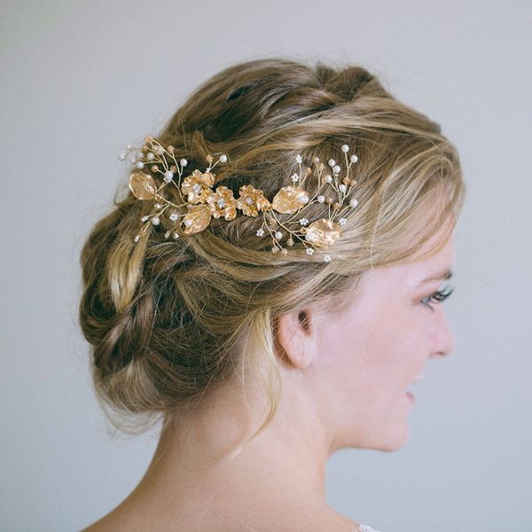 

npason 2019 golden alloy flower manual crystal hair comb bride wedding insert comb one 's hair decorate hair ornaments, Golden;white