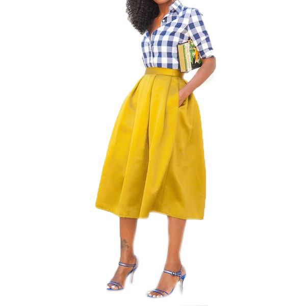 

элегантный желтый mid теленок юбки весна стиль с карман юбки для женщин молния стиль сшитое-линии, Black