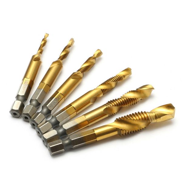 

6pc composite tap drill bit set 1/4'' hex shank hss high speed steel thread spiral screw metric tap m3 m4 m5 m6 m8 m10