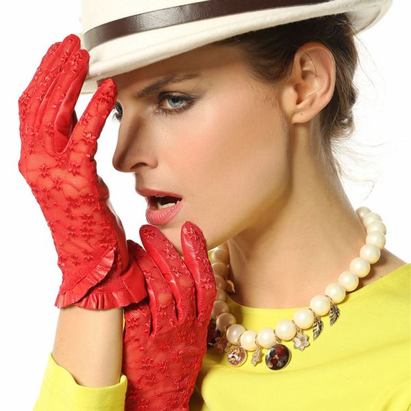 

new arrival female lace genuine leather gloves unlined nappa lambskin women driving sunscreen gloves ing, Blue;gray
