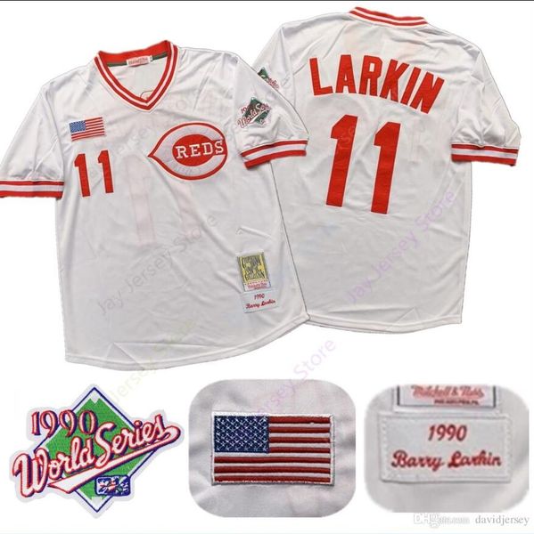 

Barry Larkin Jersey 1990 MN Reds WS World Series Patch Cooperstown Cincinnati Grey White Red Mesh BP Throwback Stitched Cheap