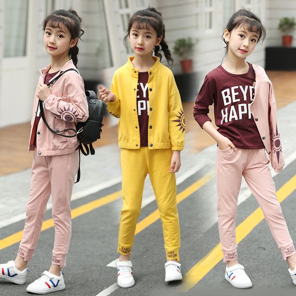 

girls clothes sets 2019 children clothing t-shirt + jacket + pants outfits kids boutique teen spring autumn fall 2 to 13 years, White
