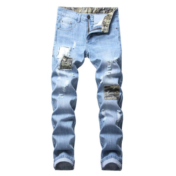

2019 new fashion ripped jeans men patchwork hollow out slim fit zipper stretch denim trousers men cowboys demin pants male, Blue