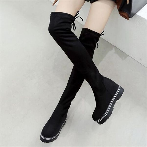 

pxelena new women wedge hidden high heels thigh high boots punk rock gothic over the knee boots ladies shoes flock fashion 34-43, Black