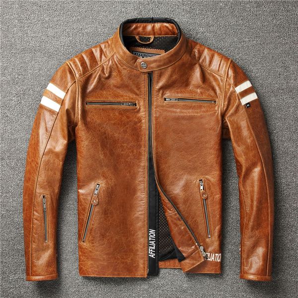

2020 brown men slim fit motorcycle leather jacket stand collar large size xxxl genuine cowhide spring biker's coat ing, Black