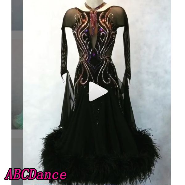 

new ballroom dance dress long sleeve modern tango waltz costumes ostrich feather womens stretchy mesh sleeves, Black;red