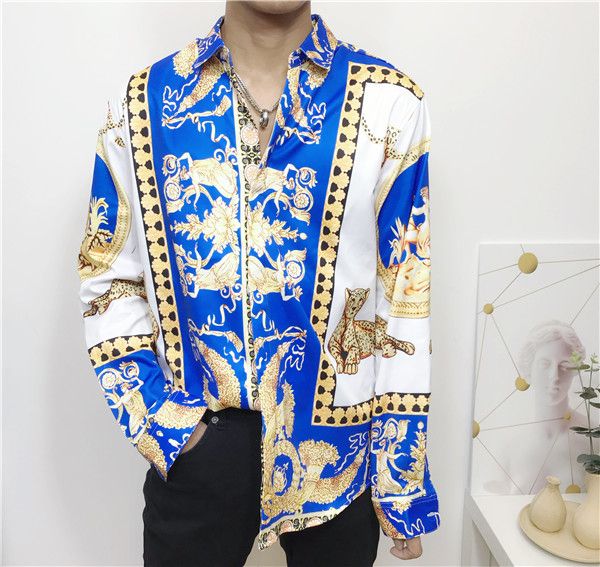 

2019 men's harajuku luxury france high fashion harajuku casual shirt men medusa black gold tiger leopard fancy slim fit shirts, White;black