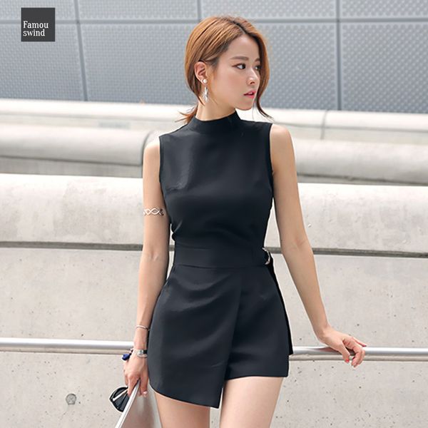 

playsuits women short jumpsuit stand collar sleeveless slim irregular lap romper overalls brand new 2019, Black;white