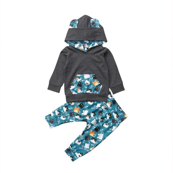 

2019 newborn infant baby boy girl kitty hooded clothes sets long sleeve top t-shirt+long pants 2pcs clothes outfit set wholesale, White