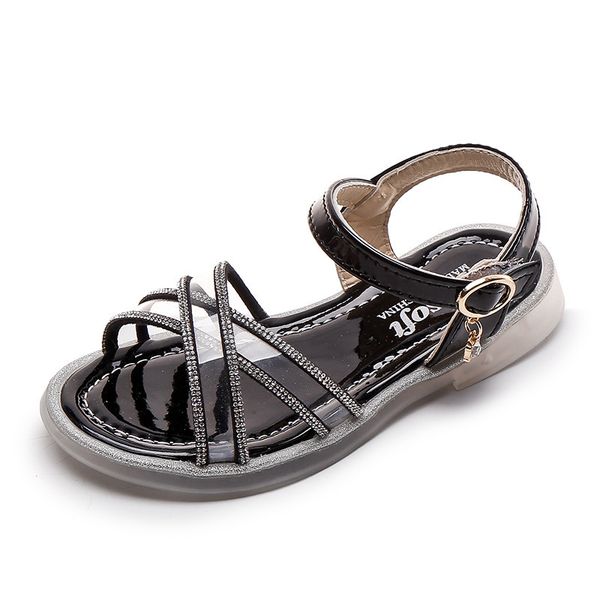 

cuzullaa kids rhinestone strip beach sandals shoes girls soft crystal sole sandals children summer hook & loop shoes size 26-36 t200507, Black;red