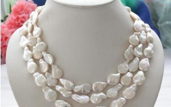 

necklace ++ 3row 16mm white coin freshwater cultured pearl necklace new, Silver