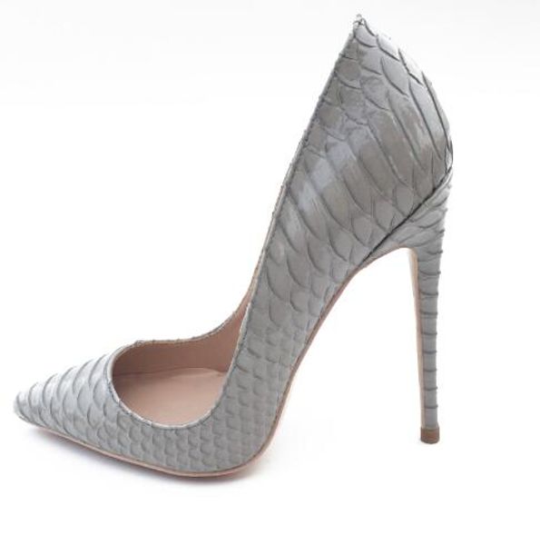 Heißer Verkauf-Neue Mode Graue Serpentinenspitze Spitze Zehen Schuhe mit hohen Absätzen 12 cm Damenpumps, Sexy graue Lackleder-Schlangen-Stiletto-Abendschuhe