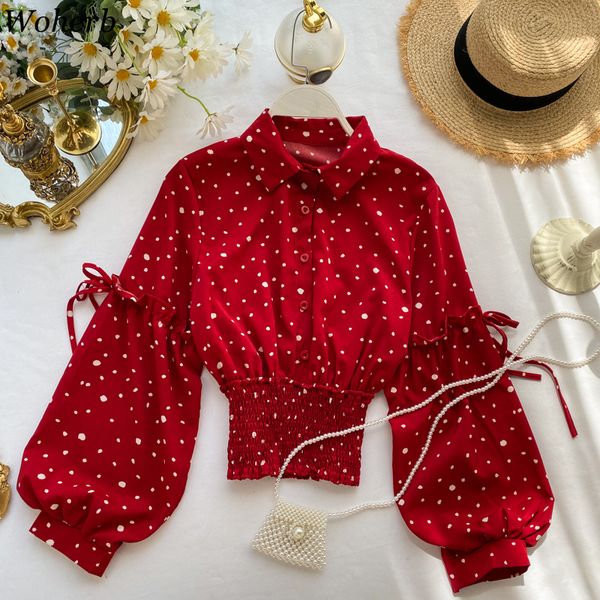 

woherb lantern sleeve women blouse vintage crop shirt polka dot print elegant office lady streetwear lacing blusas women, White
