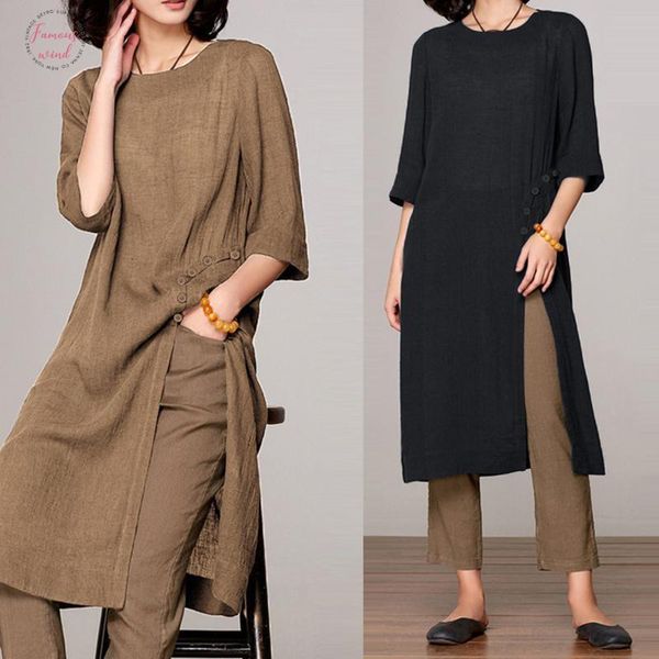 

2019 s 5xl summer women blouses vintage linen half sleeve loose split long shirts casual long solid party blusas feminino, White