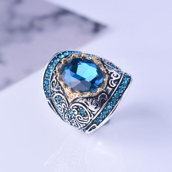 

hyperbole vintage silver color filled blue zircon big rings for women/men boho large oval crystal wedding ring party jewelry, Golden;silver