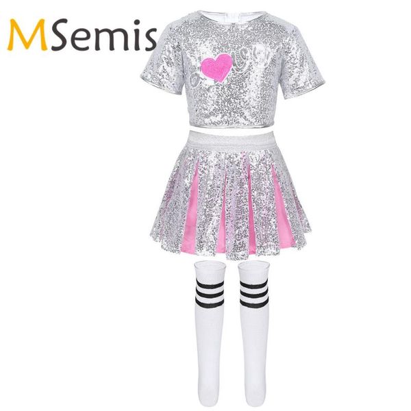 

kids girls cheerleader costumes outfit sparkling sequins cheerleading crop with skirt striped socks jazz hip hop dancewear