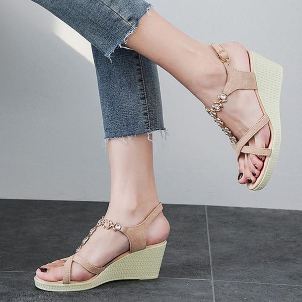 

jaycosin woman summer vintage wedge sandals bohemian casual sewing women shoe female rhinestone high heels ladies platform shoes, Black