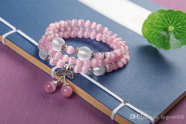 

natural crystal beaded bracelet pink cat's eye stone cherry gravel multi-layer hand string female wang peach flower hand ornament x31, Golden;silver