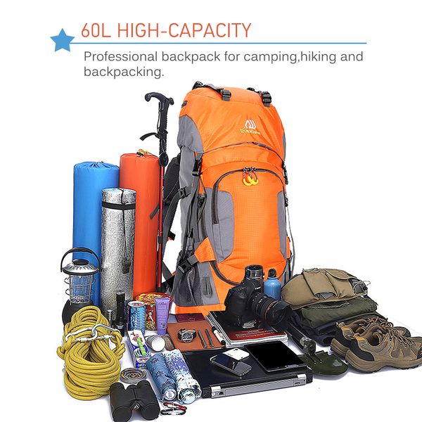 

60l large capacity outdoor sports bag waterproof camping traveling mountaineering cycling hiking backpack with rain cover