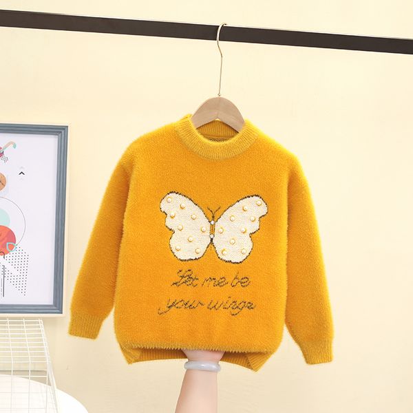 

girls sweater autumn and winter new girls imitation velvet round neck pullover big butterfly beaded thickening bottoming sweater, Blue