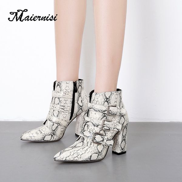 

maiernisi print snake women ankle boots zip pointed toe footwear thick high heels female boot party shoes female 2019 new wint, Black