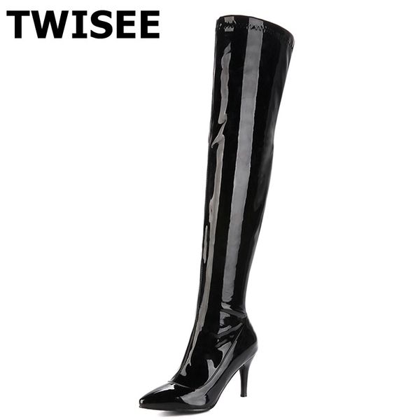

over the knee boots pumps new style zapatos mujer patent leather point toe thin high heels 8.5 cm woman party shoes sexy, Black