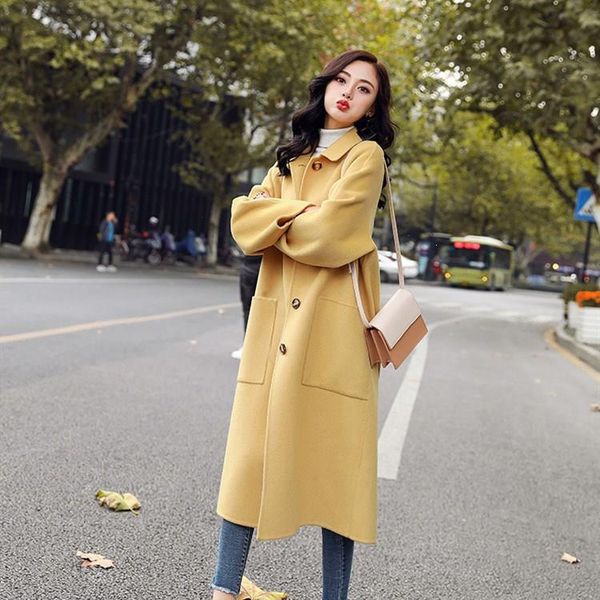 

elegant long thin women coat drop-shoulder pockets solid color loose female outerwear women turn-down collar casual overcoats, Black