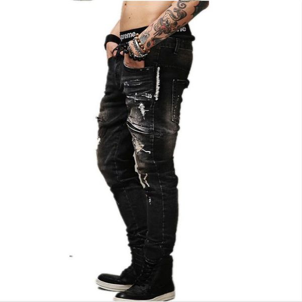 

slim jeans pants hip hop men hole trousers jeans masculina men's casual biker skinny rock ripped homme thin denim pants, Blue