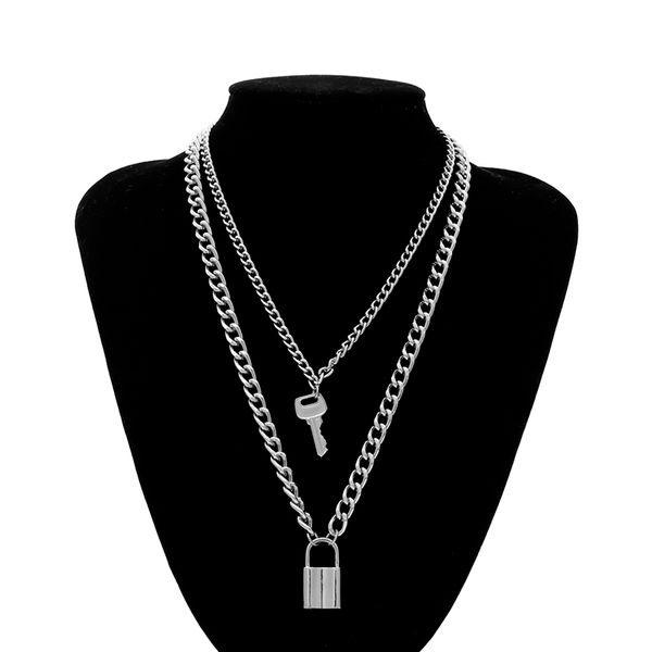 

women jewelry silver color padlock key pendant necklace multilayer stainless steel rolo cable chain necklace friendship gifts, Golden;silver