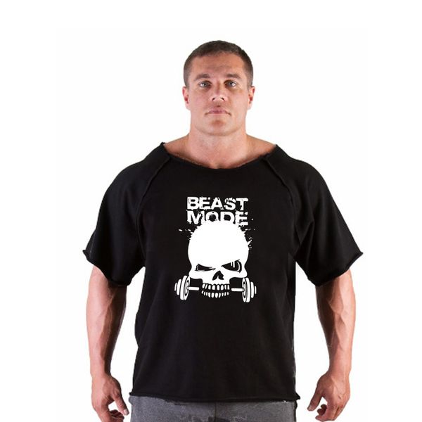 

2019 new cotton men's skull t-shirt gold fitness men's bodybuilding shirt bat sleeves, Black;red