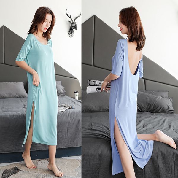 

sexy женщины solid high split home dress casual модальные пижамы весна backless nightdress nightgown халат intimate lingerie, Black;red