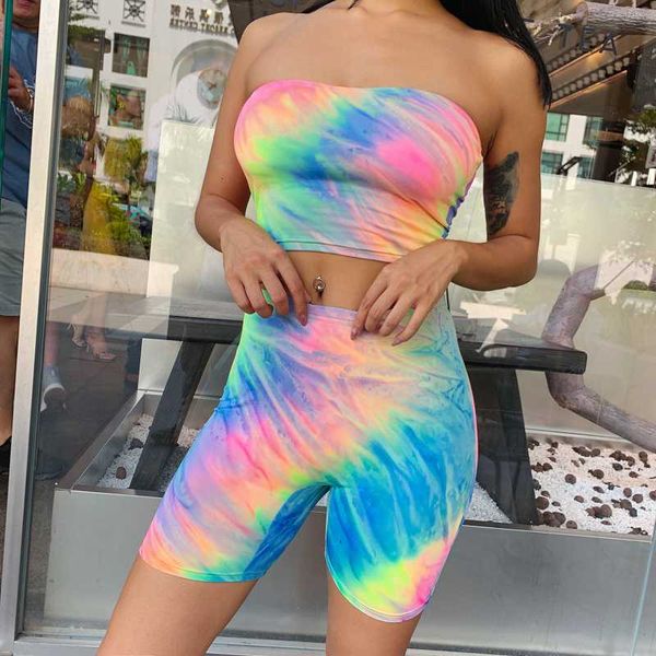 

two piece set women's strapless sleeveless crop elastic mid waist skinny shorts colorful gradient tracksuit set summer, White