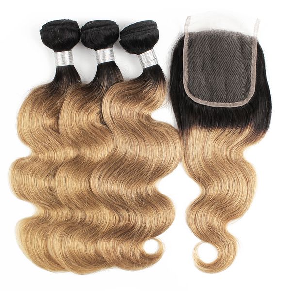 

t1b27 human hair 3 bundles with 4*4 lace closure body wave honey blonde ombre color remy brazilian weaves double weft no shedding, Black;brown