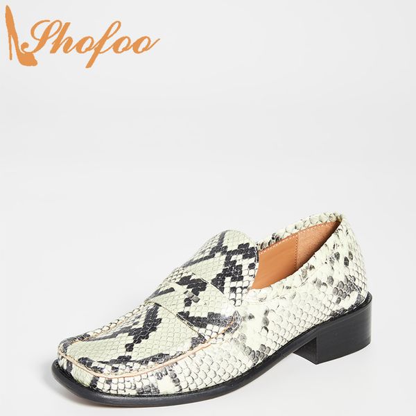 

lime green snake print med chunky heels square toe pumps woman loafers ladies fashion office mature shoes big size 14 15 shofoo, Black