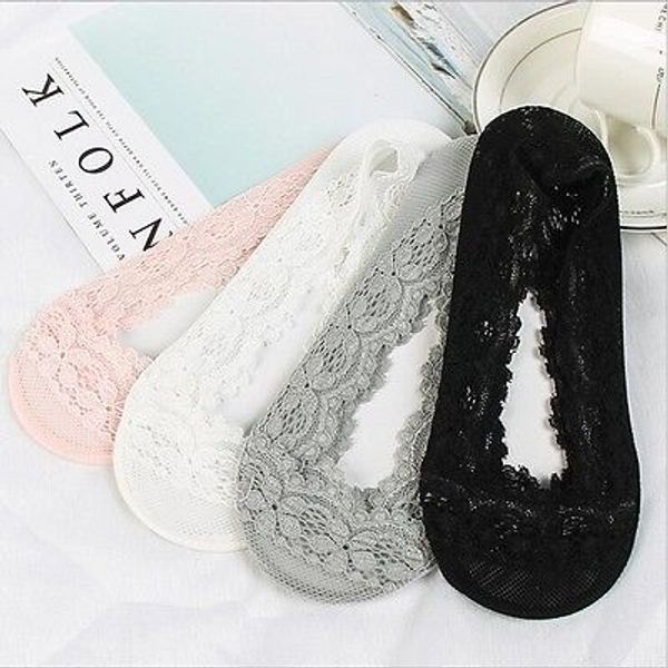 

2019 womens low cut lace socks non-slip silicone ankle slippers antiskid liner, Black;white