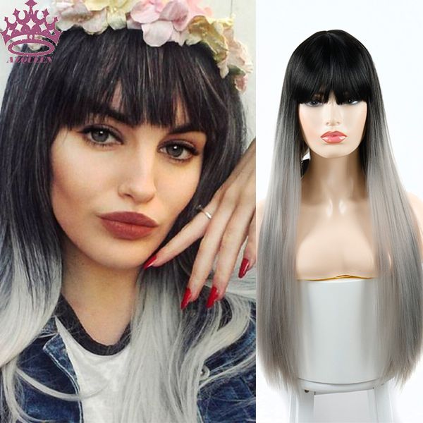 

synthetic wigs azqueen long wig with bangs dark root ombre color natural headline heat resistant hair for women cosplay, Black