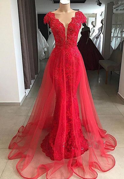 

Glamorous V Neck Prom Dresses Mermaid 2019 Cap Sleeves Red Lace Evening Dress Beads Formal Holiday Wear Custom Made