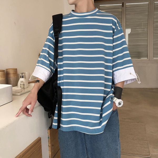 

летняя хлопковая полосатая футболка мужская мода повседневная футболка с короткими рукавами мужская уличная одежда дикий хип-хоп свободная ф, White;black