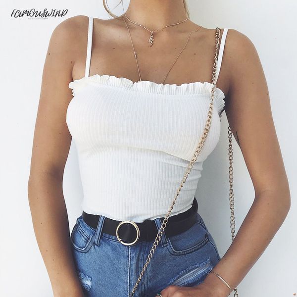 

fashion new for women casual sleeveless ruffles off shoulder crop summer halter solid tank in white