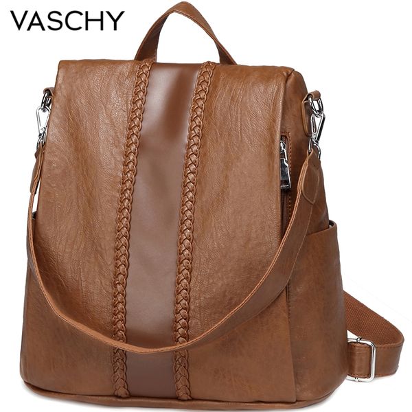 

vaschy fashion vegan leather anti-theft women backpack vintage weave unique soft school bag for teenager girl designer purse