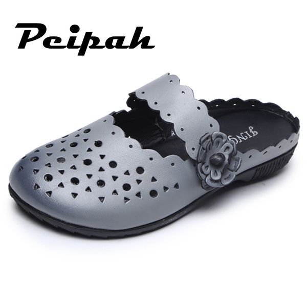 

peipah genuine leather women slippers summer floral solid slip on slides women's flip flops leather female summer shoes, Black