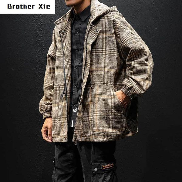

клетчатая куртка мужская мода ретро повседневная куртка с капюшоном пальто человек уличная дикая хип-хоп свободный бомбардировщик мужская ве, Black;brown