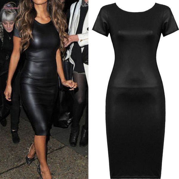 

2020 summer women leather dress short sleeve bodycon midi office dress black autumn club pencil party dresses z0227, Black;gray