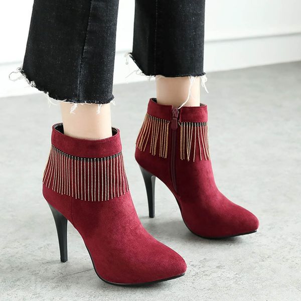 

mental tassel 2019 winter autumn thin high heels shoes woman elegant ladies flock ankle boots women boots casual short booties, Black