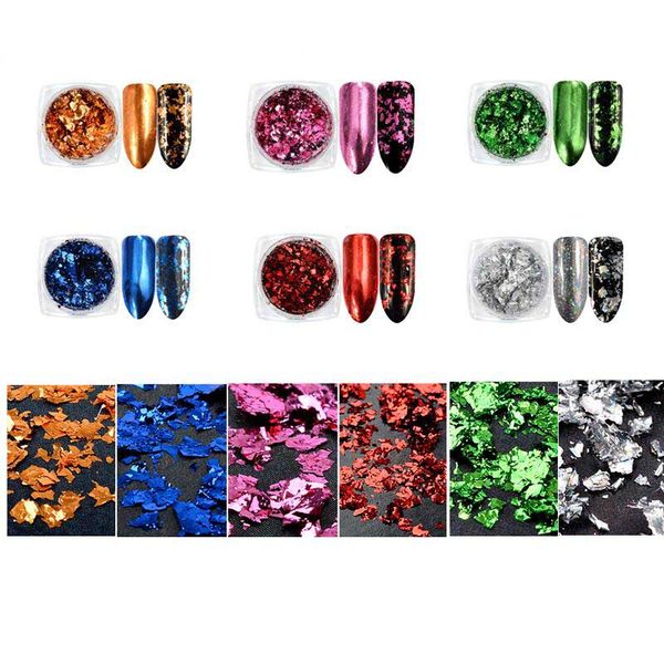 

nail glitter 6 colors /set aluminum flakes mirror effect powders irregular sequins chrome pigments art decorations,jk, Silver;gold